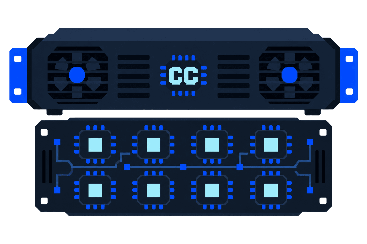 Pixel-style air-cooled server and eight-module compute board in the CC chip artwork style